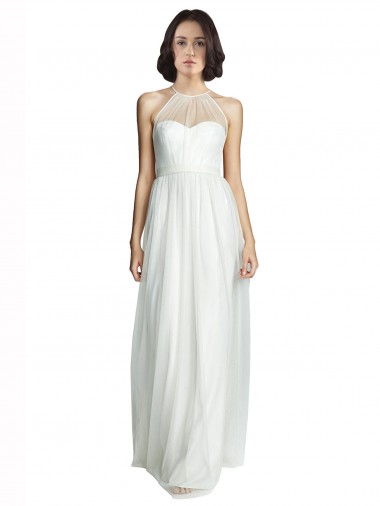 Bianco Linea A Capestro Alto Collo Tulle Lunga Abiti da damigella donore Fabbrica