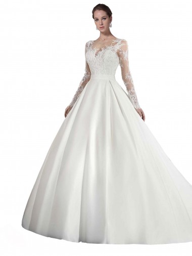 Bianco Linea A Illusione Cattedrale di treno Raso Pizzo Abiti da sposa Fabbrica