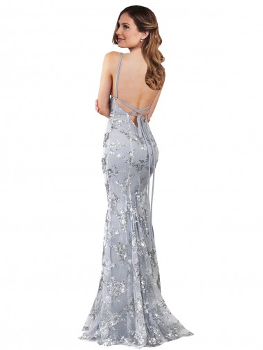 Argento Stile sirena Alto Collo Crespo Elastico Paillettes Tulle Lunga Formali Abiti da damigella donore / Abiti da sera / Abiti da ballo Fabbrica