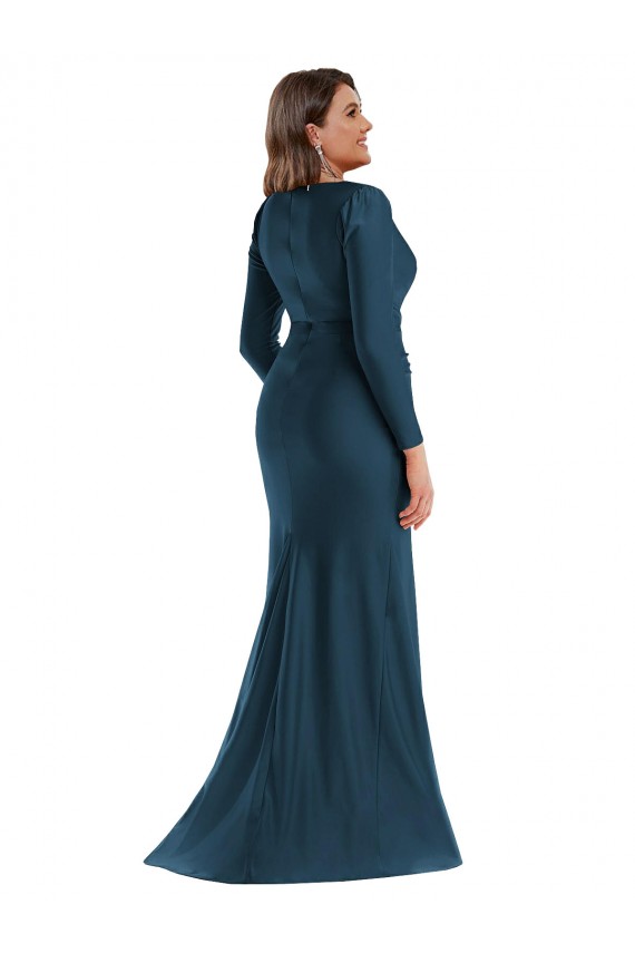 Blu Atlantico Stile sirena Scollatura a V Raso Setoso Lunga Formali Abiti da damigella donore / Abiti da sera / Abiti da ballo Fabbrica