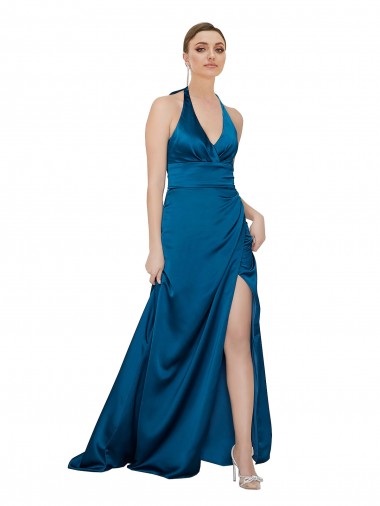 Blu Pavone Linea A Capestro Raso Setoso Lunga Formali Abiti da damigella donore / Abiti da sera / Abiti da ballo Fabbrica