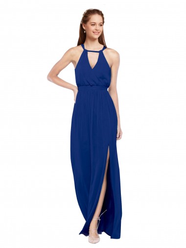 Blu Reale Linea A Alto Collo Chiffona Lunga Abiti da damigella donore Fabbrica