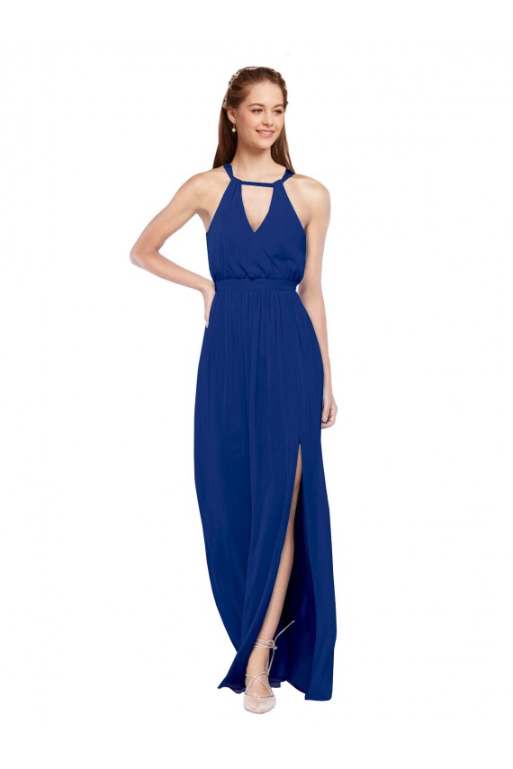 Blu Reale Linea A Alto Collo Chiffona Lunga Abiti da damigella donore Fabbrica