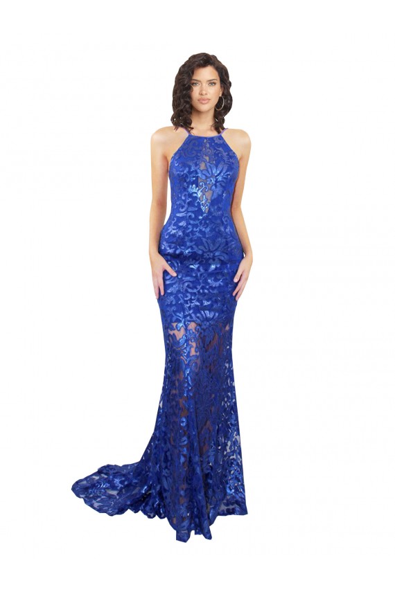 Blu Reale Stile sirena Alto Collo Pizzo Lunga Abiti da damigella donore / Abiti da ballo Fabbrica