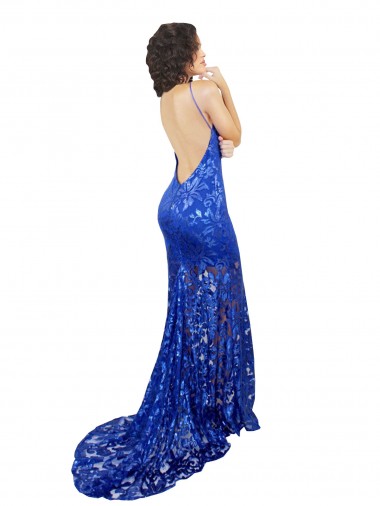 Blu Reale Stile sirena Alto Collo Pizzo Lunga Abiti da damigella donore / Abiti da ballo Fabbrica