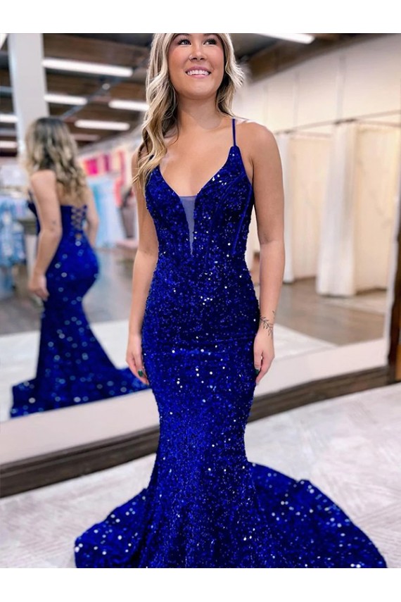 Blu Reale Stile sirena Scollatura a V Paillettes Velluto Lunga Abiti da ballo Fabbrica