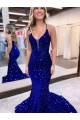Blu Reale Stile sirena Scollatura a V Paillettes Velluto Lunga Abiti da ballo Fabbrica