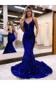 Blu Reale Stile sirena Scollatura a V Paillettes Velluto Lunga Abiti da ballo Fabbrica