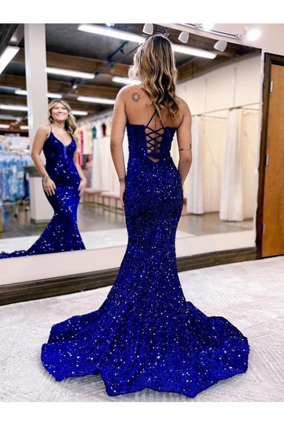 Blu Reale Stile sirena Scollatura a V Paillettes Velluto Lunga Abiti da ballo Fabbrica