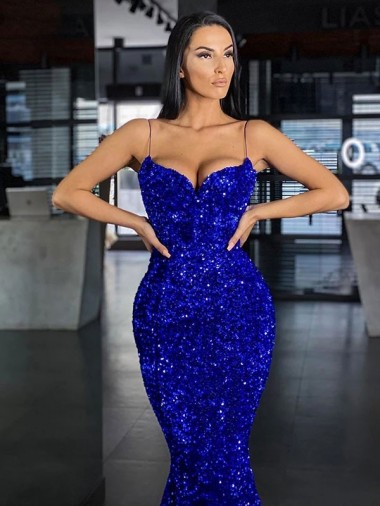 Blu Reale Stile sirena Sottili Sweep treno Paillettes Velluto Lunga Abiti da ballo Fabbrica