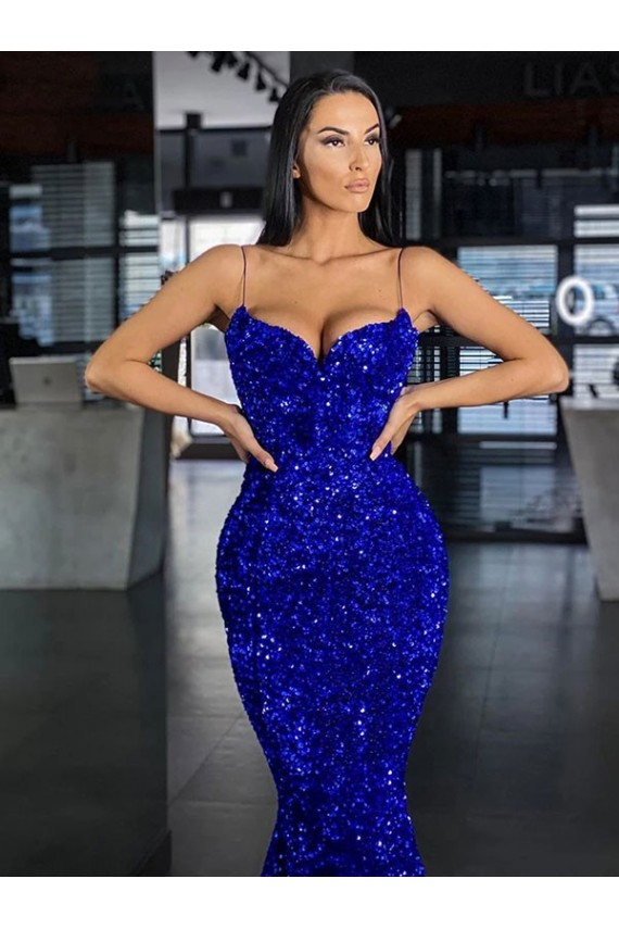Blu Reale Stile sirena Sottili Sweep treno Paillettes Velluto Lunga Abiti da ballo Fabbrica