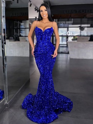 Blu Reale Stile sirena Sottili Sweep treno Paillettes Velluto Lunga Abiti da ballo Fabbrica