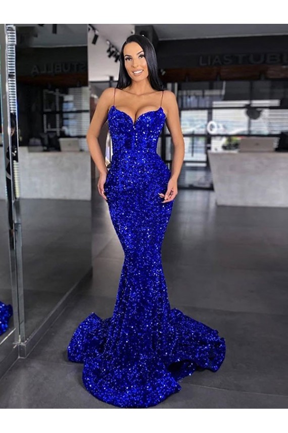 Blu Reale Stile sirena Sottili Sweep treno Paillettes Velluto Lunga Abiti da ballo Fabbrica