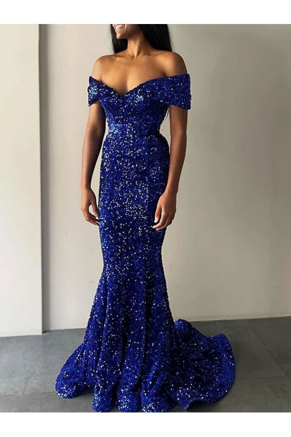 Blu Reale Stile sirena Sweep treno Paillettes Velluto Lunga Abiti da ballo Fabbrica