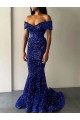 Blu Reale Stile sirena Sweep treno Paillettes Velluto Lunga Abiti da ballo Fabbrica