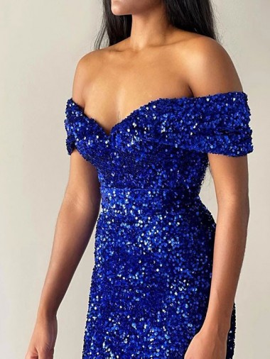 Blu Reale Stile sirena Sweep treno Paillettes Velluto Lunga Abiti da ballo Fabbrica