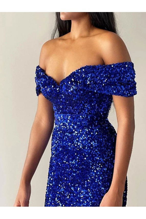 Blu Reale Stile sirena Sweep treno Paillettes Velluto Lunga Abiti da ballo Fabbrica