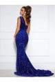 Blu Reale Stile sirena Una spalla Paillettes Velluto Lunga Abiti da ballo Fabbrica