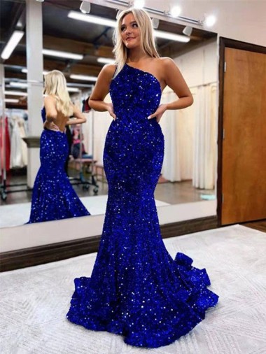 Blu Reale Stile sirena Una spalla Sweep treno Paillettes Velluto Lunga Abiti da ballo Fabbrica
