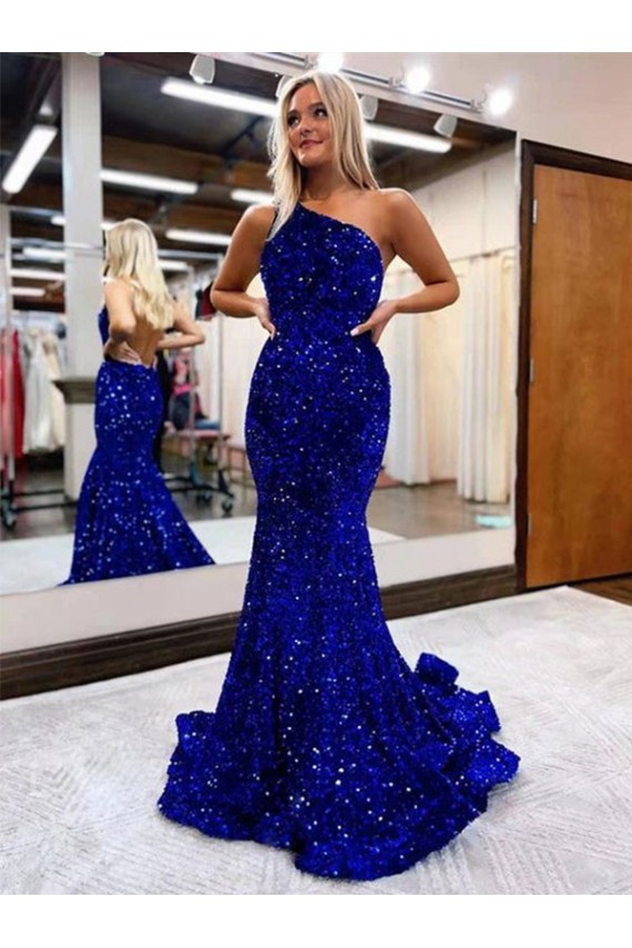 Blu Reale Stile sirena Una spalla Sweep treno Paillettes Velluto Lunga Abiti da ballo Fabbrica