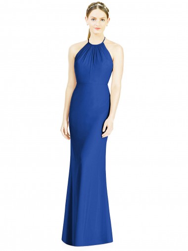 Blu Reale Tromba Capestro Alto Collo Chiffona Lunga Abiti da damigella donore Fabbrica