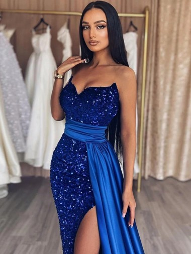 Blu Reale Tubino Innamorato Sweep treno Paillettes Velluto Lunga Abiti da ballo Fabbrica
