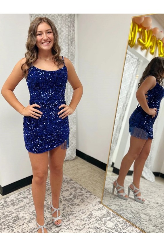 Blu Reale Tubino Sottili Corto Paillettes Velluto Corto Abiti da ballo Fabbrica