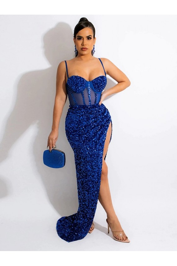 Blu Reale Tubino Sottili Sweep treno Paillettes Velluto Lunga Abiti da ballo Fabbrica