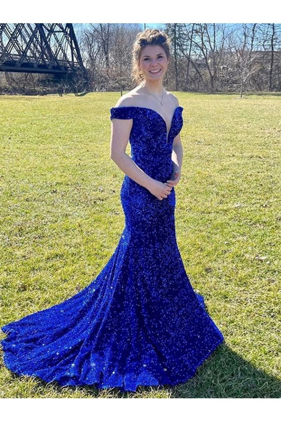 Blu Reale Tubino Sweep treno Paillettes Velluto Lunga Abiti da ballo Fabbrica