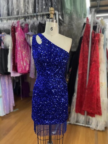 Blu Reale Tubino Una spalla Corto Paillettes Velluto Corto Abiti da ballo Fabbrica