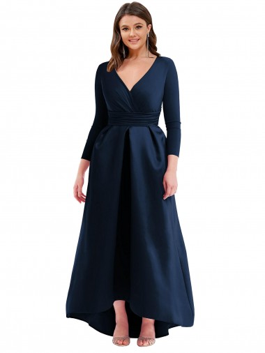 Blu marino scuro Abito da ballo Scollatura a V Spandex Lunga Asimmetrico Formali Abiti da damigella donore / Abiti da sera / Abiti da ballo Fabbrica