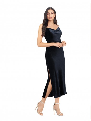 Blu marino scuro Colonna Cappuccio Midi Velluto Elastico Corto Abiti da damigella donore / Abiti da sera / Abiti da cocktail Fabbrica