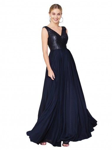 Blu marino scuro Linea A Alto Collo Chiffona Paillettes Lunga Abiti da damigella donore / Abiti da ballo Fabbrica