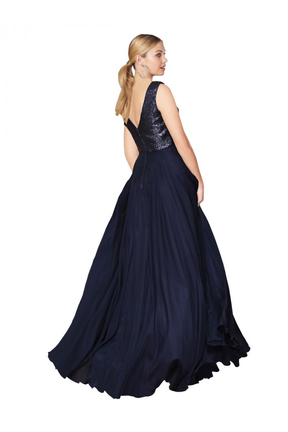 Blu marino scuro Linea A Alto Collo Chiffona Paillettes Lunga Abiti da damigella donore / Abiti da ballo Fabbrica