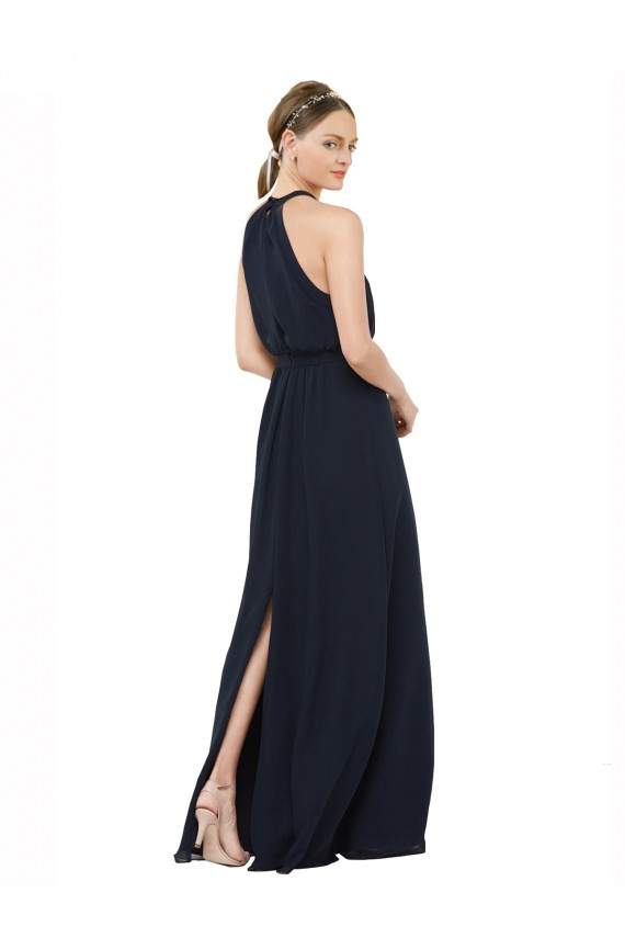 Blu marino scuro Linea A Capestro Alto Collo Chiffona Lunga Abiti da damigella donore Fabbrica
