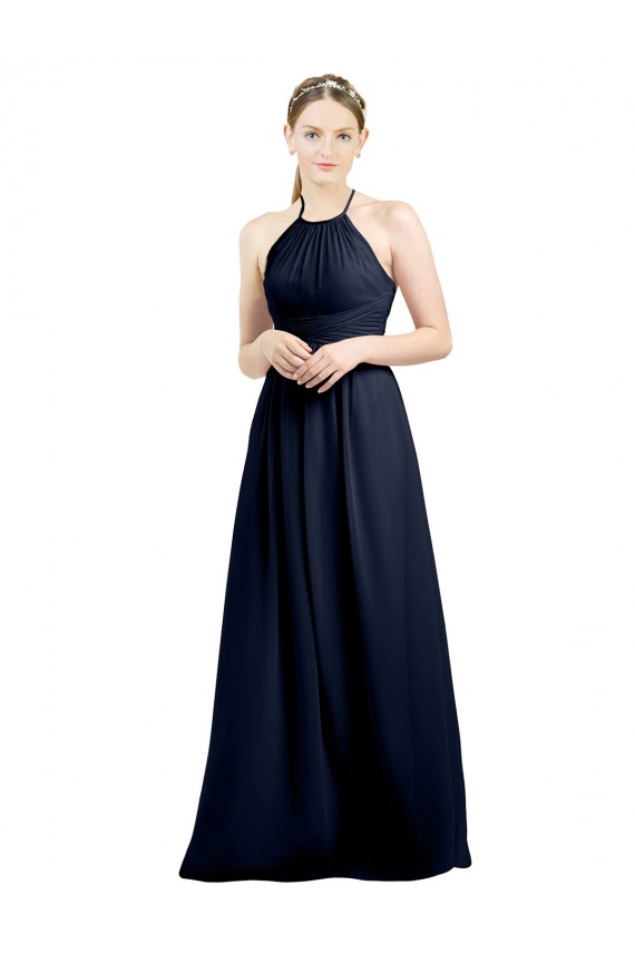 Blu marino scuro Linea A Capestro Alto Collo Chiffona Lunga Abiti da damigella donore Fabbrica