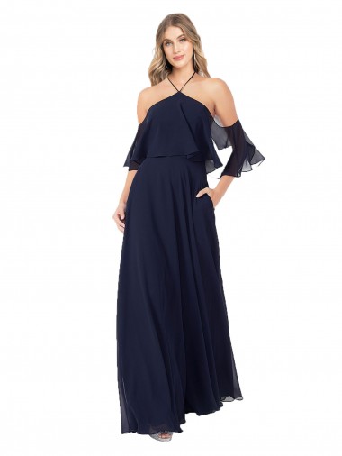 Blu marino scuro Linea A Capestro Alto Collo Chiffona Lunga Abiti da damigella donore Fabbrica
