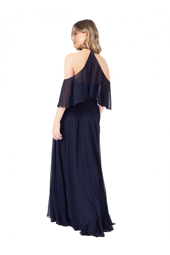 Blu marino scuro Linea A Capestro Alto Collo Chiffona Lunga Abiti da damigella donore Fabbrica