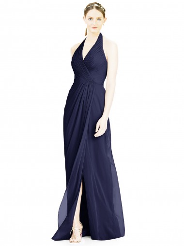 Blu marino scuro Linea A Capestro Scollatura a V Chiffona Lunga Abiti da damigella donore Fabbrica