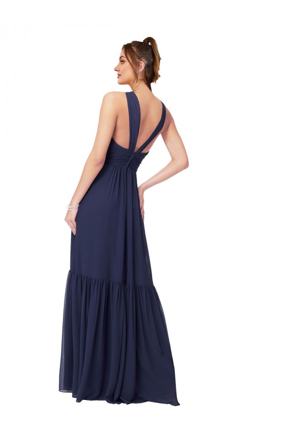 Blu marino scuro Linea A Scollatura a V Chiffona Lunga Abiti da damigella donore Fabbrica