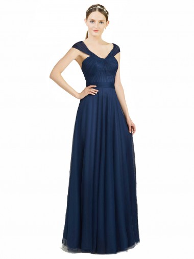 Blu marino scuro Linea A Scollatura a V Innamorato Tulle Lunga Abiti da damigella donore Fabbrica