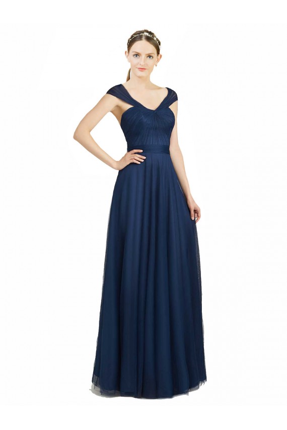 Blu marino scuro Linea A Scollatura a V Innamorato Tulle Lunga Abiti da damigella donore Fabbrica