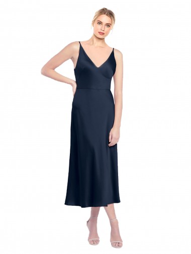 Blu marino scuro Linea A Scollatura a V Midi Raso Elastico Corto Abiti da damigella donore / Abiti da sera / Abiti da cocktail Fabbrica