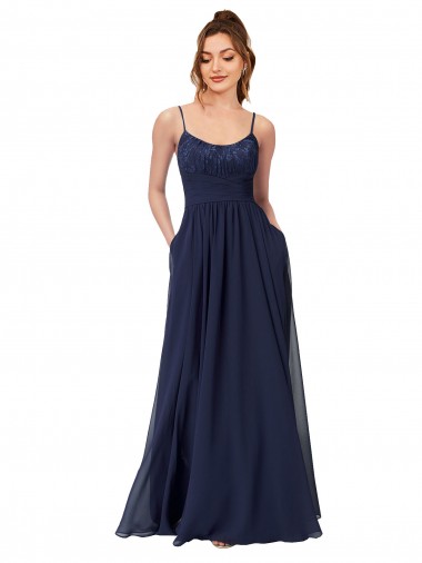 Blu marino scuro Linea A Scoop Chiffona Pizzo Lunga Abiti da damigella donore Fabbrica