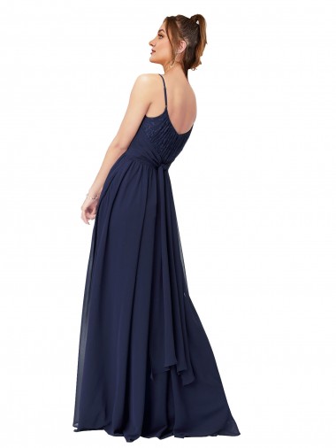Blu marino scuro Linea A Scoop Chiffona Pizzo Lunga Abiti da damigella donore Fabbrica