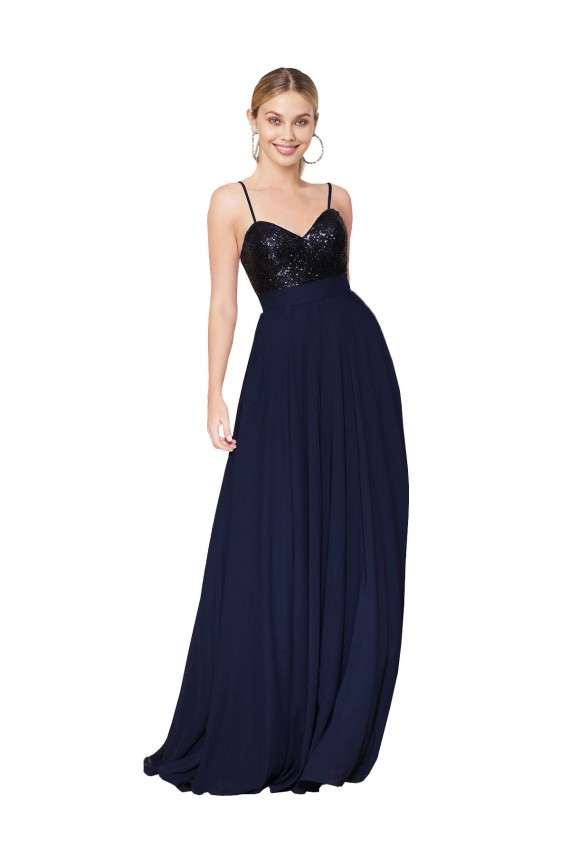 Blu marino scuro Linea A Sottili Chiffona Paillettes Lunga Abiti da damigella donore / Abiti da ballo Fabbrica