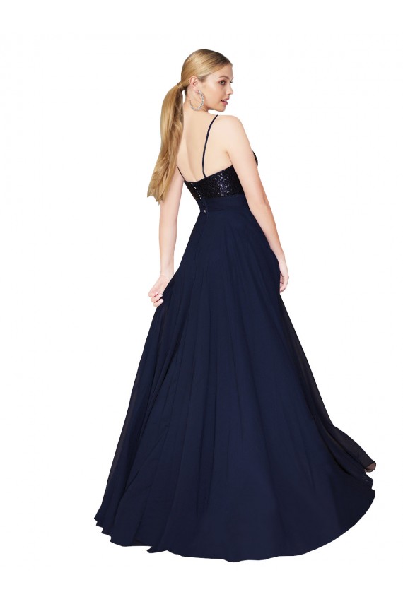 Blu marino scuro Linea A Sottili Chiffona Paillettes Lunga Abiti da damigella donore / Abiti da ballo Fabbrica