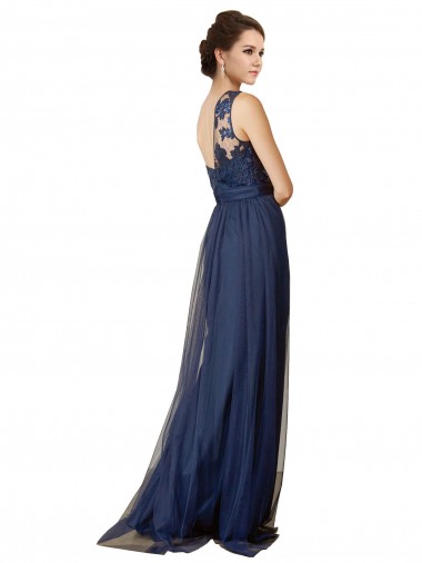 Blu marino scuro Linea A Una spalla Sweep treno Tulle Lunga Abiti da damigella donore Fabbrica
