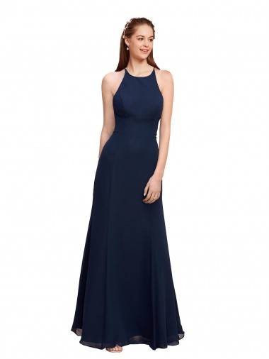 Blu marino scuro Stile sirena Capestro Alto Collo Chiffona Lunga Abiti da damigella donore / Abiti da ballo Fabbrica