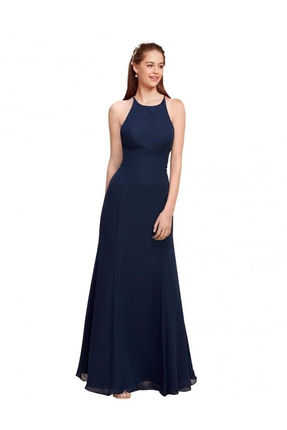 Blu marino scuro Stile sirena Capestro Alto Collo Chiffona Lunga Abiti da damigella donore / Abiti da ballo Fabbrica